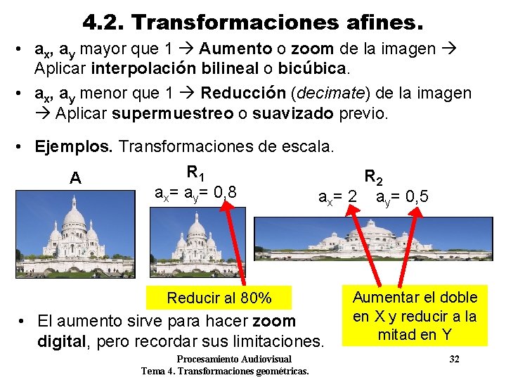4. 2. Transformaciones afines. • ax, ay mayor que 1 Aumento o zoom de 4. 2. Transformaciones afines. • ax, ay mayor que 1 Aumento o zoom de