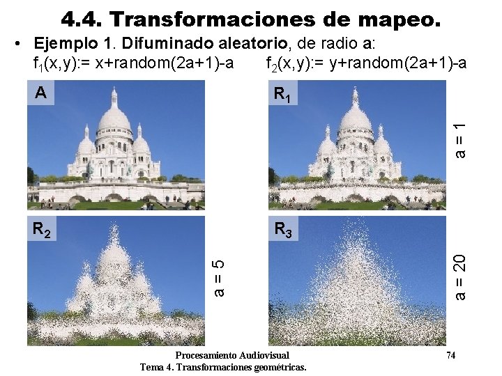 4. 4. Transformaciones de mapeo. • Ejemplo 1. Difuminado aleatorio, de radio a: f 4. 4. Transformaciones de mapeo. • Ejemplo 1. Difuminado aleatorio, de radio a: f