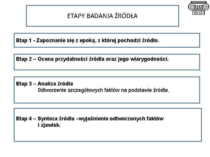 ETAPY BADANIA ŹRÓDŁA Etap 1 - Zapoznanie się z epoką, z której pochodzi źródło.