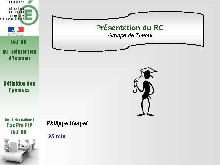 Présentation du RC Groupe de Travail CAP CIP RC –Règlement d’Examen Définition des Epreuves