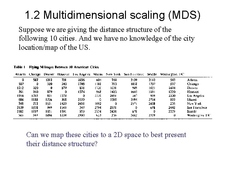 1. 2 Multidimensional scaling (MDS) Suppose we are giving the distance structure of the