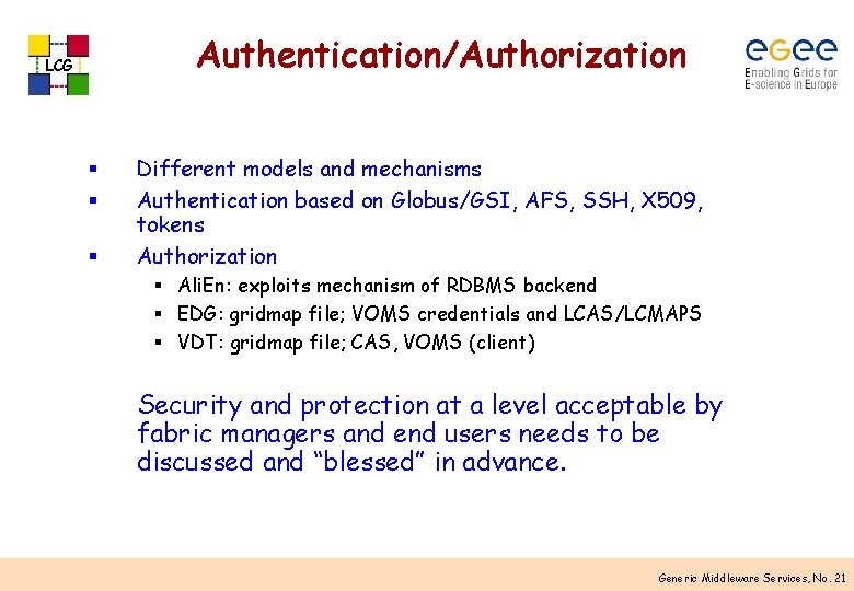 Authentication/Authorization LCG § § § Different models and mechanisms Authentication based on Globus/GSI, AFS,