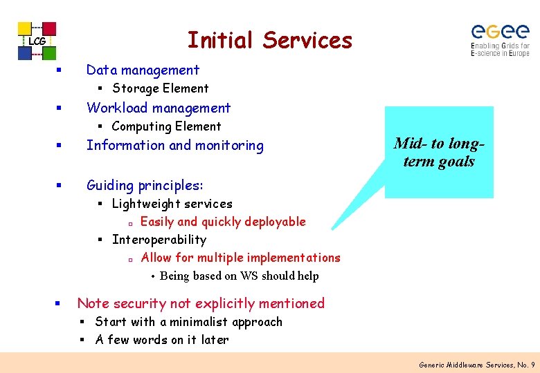 Initial Services LCG § Data management § Storage Element § Workload management § Computing