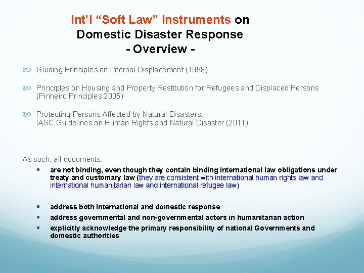 Int’l “Soft Law” Instruments on Domestic Disaster Response - Overview Guiding Principles on Internal