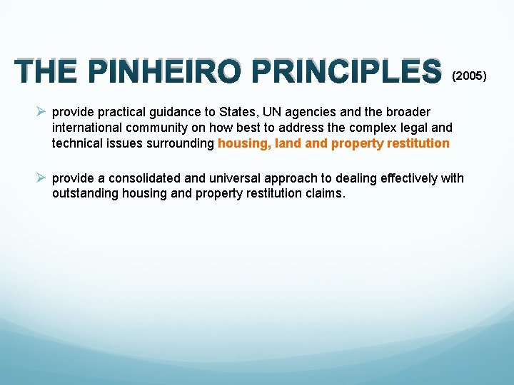  THE PINHEIRO PRINCIPLES (2005) Ø provide practical guidance to States, UN agencies and
