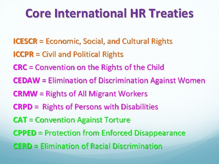 Core International HR Treaties ICESCR = Economic, Social, and Cultural Rights ICCPR = Civil