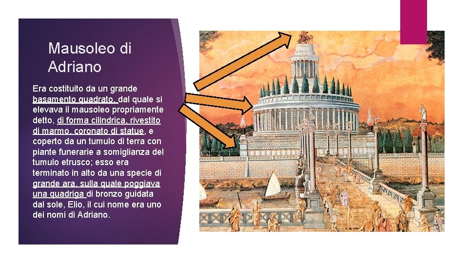 Mausoleo di Adriano Era costituito da un grande basamento quadrato, dal quale si elevava