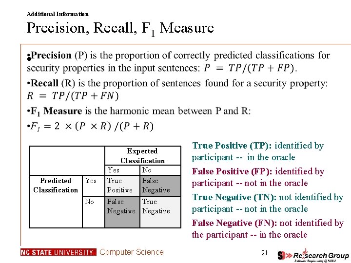 Additional Information Precision, Recall, F 1 Measure • Predicted Yes Classification No Expected Classification Additional Information Precision, Recall, F 1 Measure • Predicted Yes Classification No Expected Classification