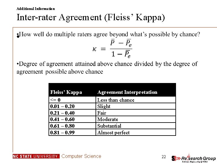 Additional Information Inter-rater Agreement (Fleiss’ Kappa) • Fleiss’ Kappa <= 0 0. 01 – Additional Information Inter-rater Agreement (Fleiss’ Kappa) • Fleiss’ Kappa <= 0 0. 01 –