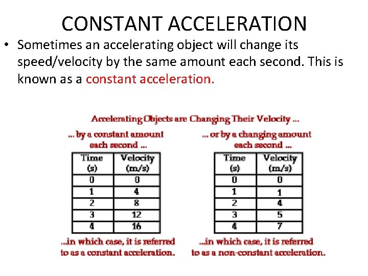 CONSTANT ACCELERATION • Sometimes an accelerating object will change its speed/velocity by the same