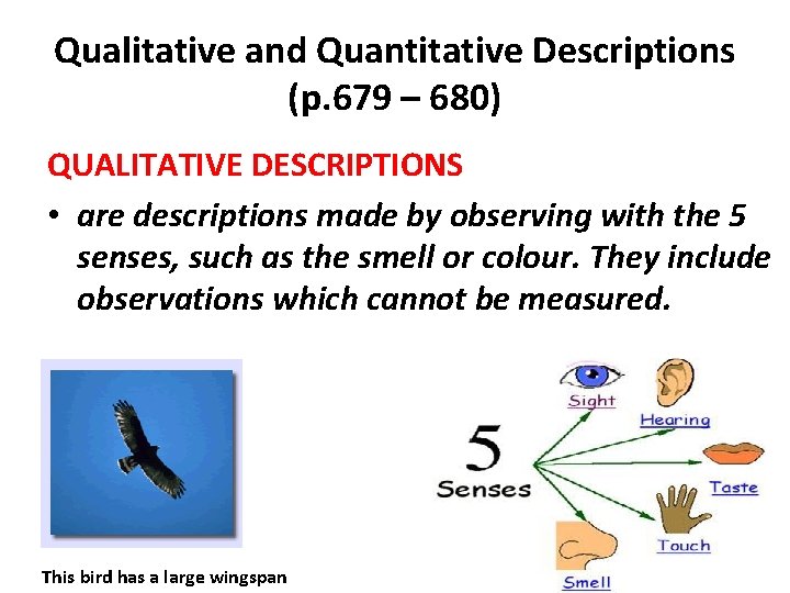 Qualitative and Quantitative Descriptions (p. 679 – 680) QUALITATIVE DESCRIPTIONS • are descriptions made
