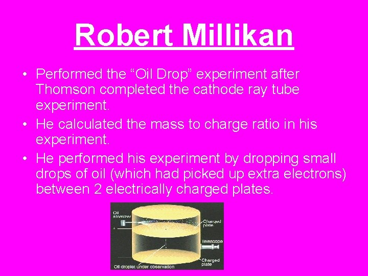 Robert Millikan • Performed the “Oil Drop” experiment after Thomson completed the cathode ray