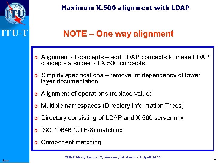 Maximum X. 500 alignment with LDAP ITU-T NOTE – One way alignment o Alignment