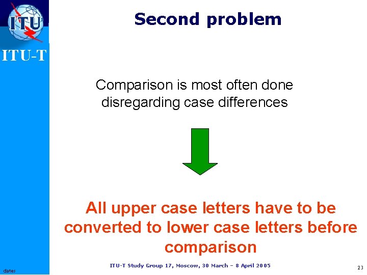 Second problem ITU-T Comparison is most often done disregarding case differences All upper case