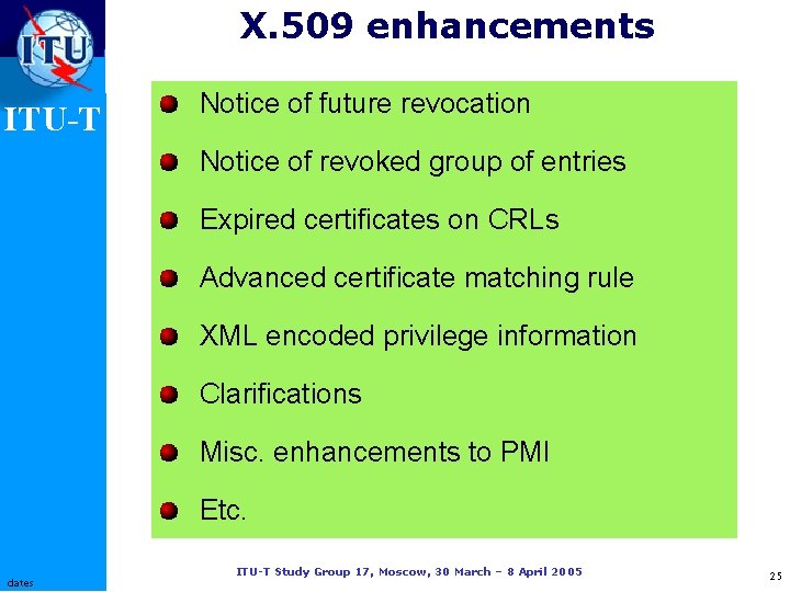 X. 509 enhancements ITU-T Notice of future revocation Notice of revoked group of entries