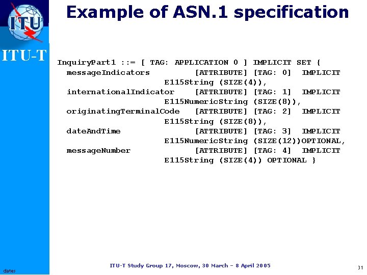 Example of ASN. 1 specification ITU-T dates Inquiry. Part 1 : : = [