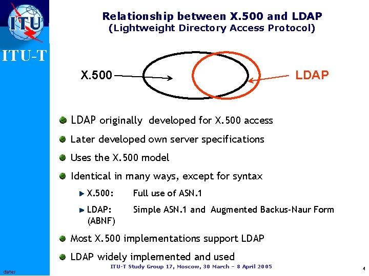 Relationship between X. 500 and LDAP (Lightweight Directory Access Protocol) ITU-T X. 500 LDAP