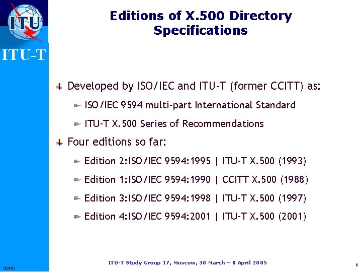 Editions of X. 500 Directory Specifications ITU-T Developed by ISO/IEC and ITU-T (former CCITT)