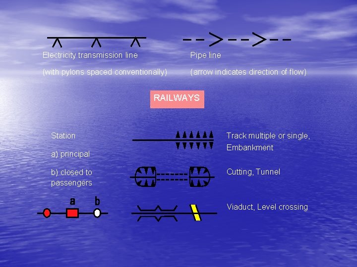 Electricity transmission line Pipe line (with pylons spaced conventionally) (arrow indicates direction of flow)