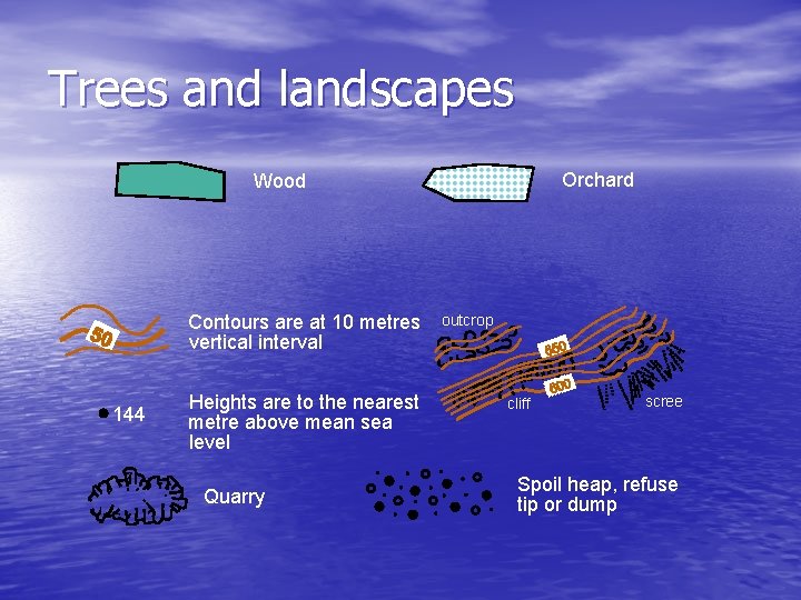 Trees and landscapes Orchard Wood Contours are at 10 metres vertical interval 144 Heights