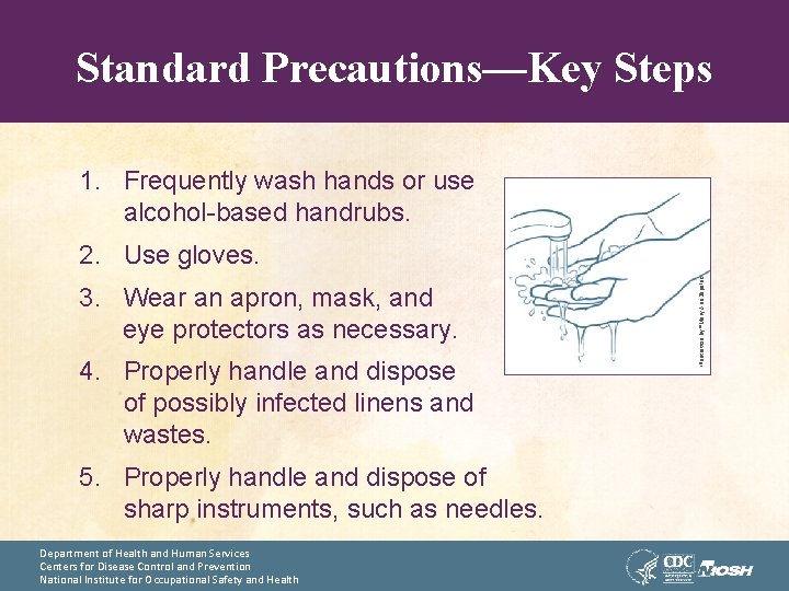 Standard Precautions—Key Steps 1. Frequently wash hands or use alcohol-based handrubs. 3. Wear an