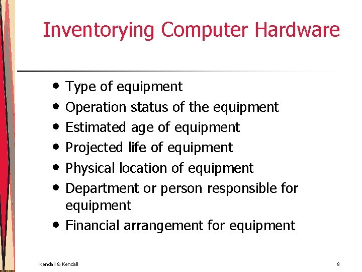 Inventorying Computer Hardware • • Type of equipment Operation status of the equipment Estimated