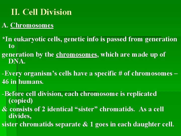 II. Cell Division A. Chromosomes *In eukaryotic cells, genetic info is passed from generation