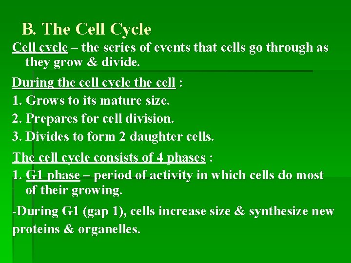 B. The Cell Cycle Cell cycle – the series of events that cells go