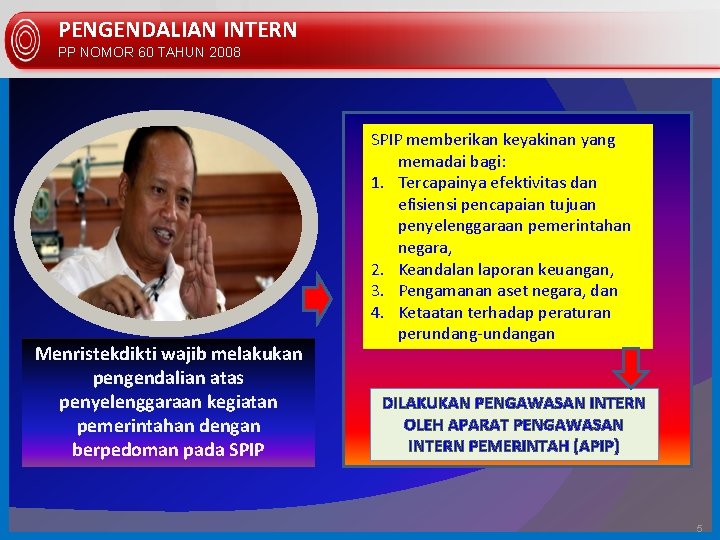 PENGENDALIAN INTERN PP NOMOR 60 TAHUN 2008 Menristekdikti wajib melakukan pengendalian atas penyelenggaraan kegiatan PENGENDALIAN INTERN PP NOMOR 60 TAHUN 2008 Menristekdikti wajib melakukan pengendalian atas penyelenggaraan kegiatan