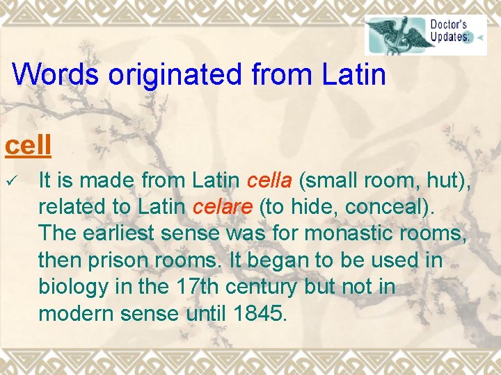 Words originated from Latin cell ü It is made from Latin cella (small room,