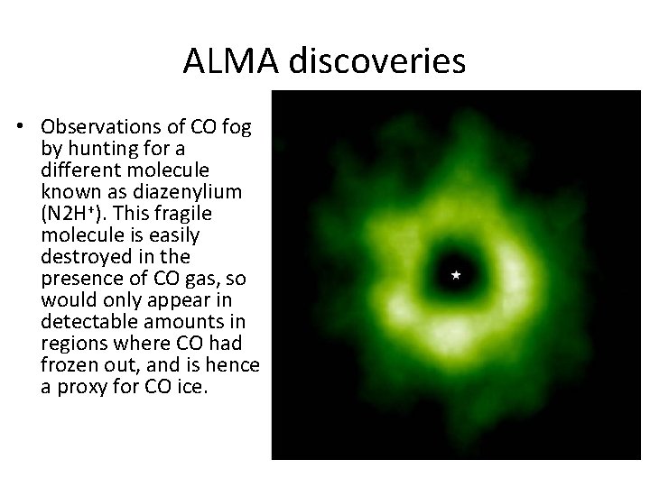 ALMA discoveries • Observations of CO fog by hunting for a different molecule known