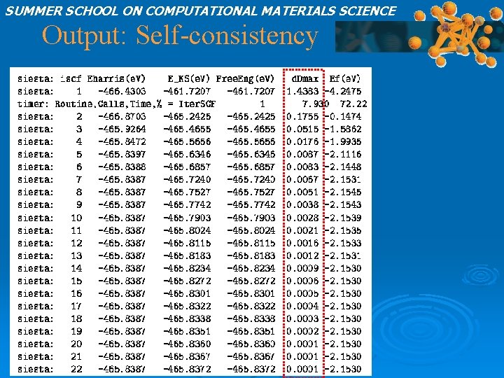 SUMMER SCHOOL ON COMPUTATIONAL MATERIALS SCIENCE Output: Self-consistency 