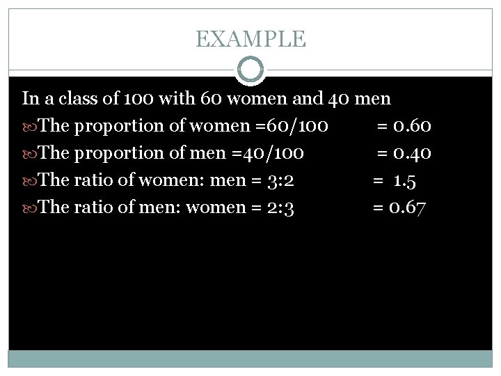 EXAMPLE In a class of 100 with 60 women and 40 men The proportion