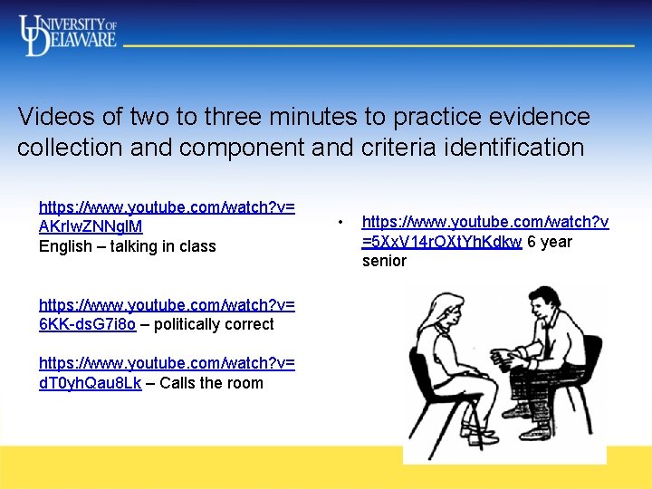 Videos of two to three minutes to practice evidence collection and component and criteria Videos of two to three minutes to practice evidence collection and component and criteria