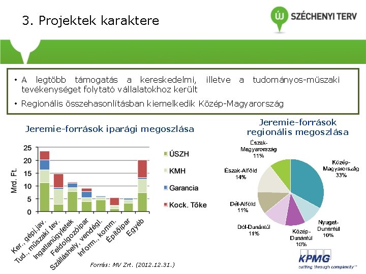 3. Projektek karaktere • A legtöbb támogatás a kereskedelmi, tevékenységet folytató vállalatokhoz került illetve