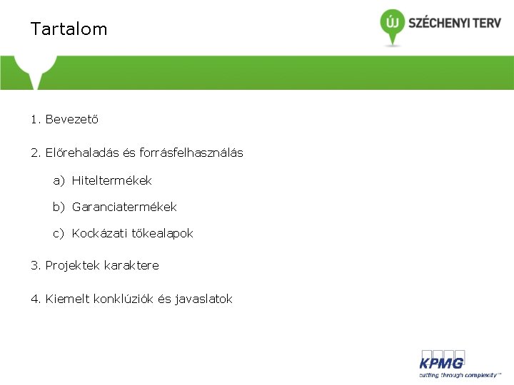 Tartalom 1. Bevezető 2. Előrehaladás és forrásfelhasználás a) Hiteltermékek b) Garanciatermékek c) Kockázati tőkealapok