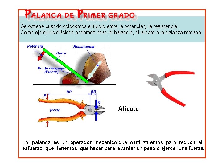 Se obtiene cuando colocamos el fulcro entre la potencia y la resistencia. Como ejemplos