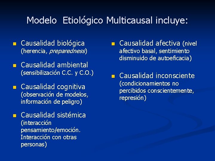 Modelo Etiológico Multicausal incluye: n n Causalidad biológica (herencia, preparedness) Causalidad cognitiva (observación de