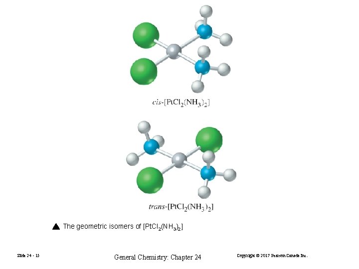 The geometric isomers of [Pt. Cl 2(NH 3)2] Slide 24 - 15 General Chemistry: