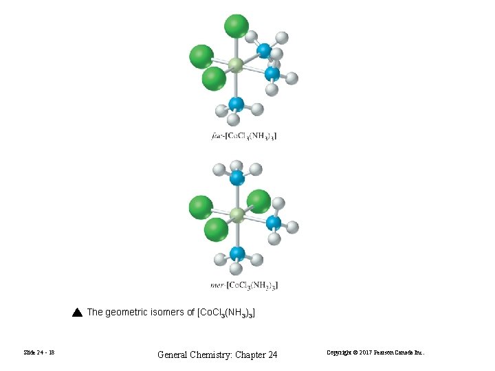 The geometric isomers of [Co. Cl 3(NH 3)3] Slide 24 - 18 General Chemistry: