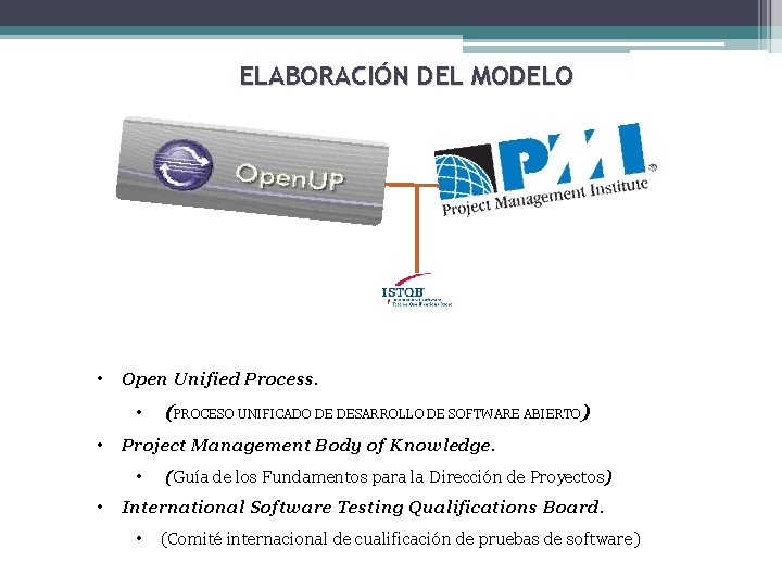 ELABORACIÓN DEL MODELO • Open Unified Process. • • Project Management Body of Knowledge. ELABORACIÓN DEL MODELO • Open Unified Process. • • Project Management Body of Knowledge.