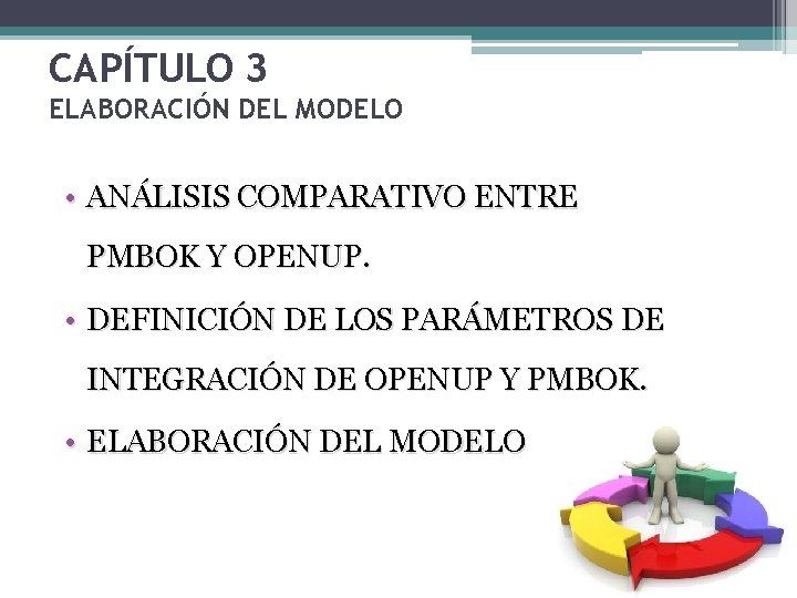 CAPÍTULO 3 ELABORACIÓN DEL MODELO • ANÁLISIS COMPARATIVO ENTRE PMBOK Y OPENUP. • DEFINICIÓN CAPÍTULO 3 ELABORACIÓN DEL MODELO • ANÁLISIS COMPARATIVO ENTRE PMBOK Y OPENUP. • DEFINICIÓN