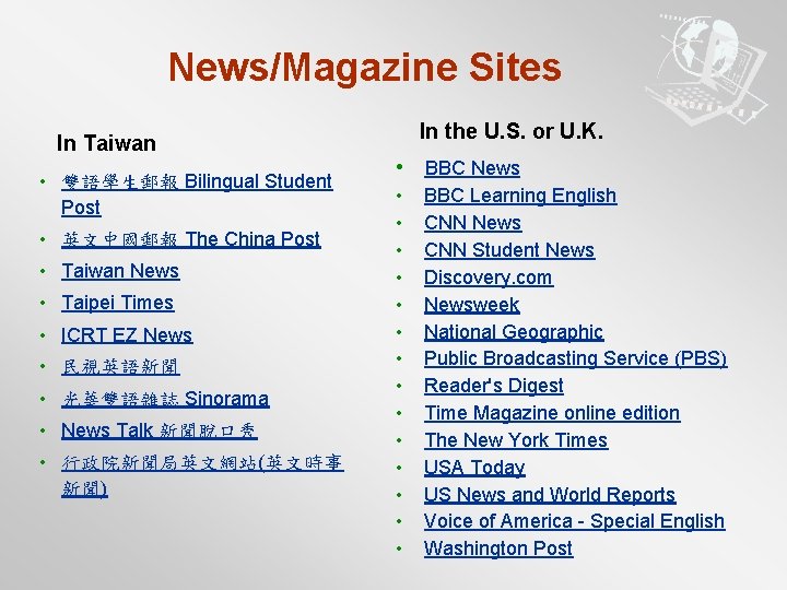 News/Magazine Sites In Taiwan • 雙語學生郵報 Bilingual Student Post • 英文中國郵報 The China Post