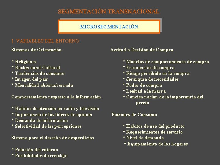 SEGMENTACIÓN TRANSNACIONAL MICROSEGMENTACIÓN 1. VARIABLES DEL ENTORNO Sistemas de Orientación * Religiones * Background