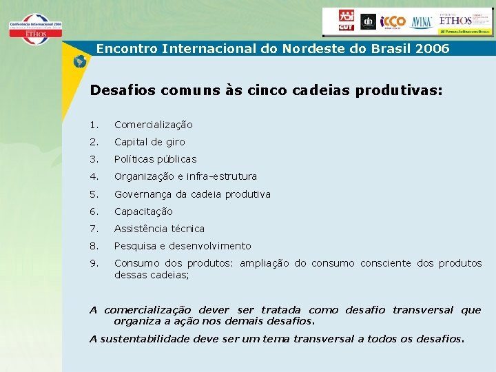 Encontro Internacional do Nordeste do Brasil 2006 Desafios comuns às cinco cadeias produtivas: 1.