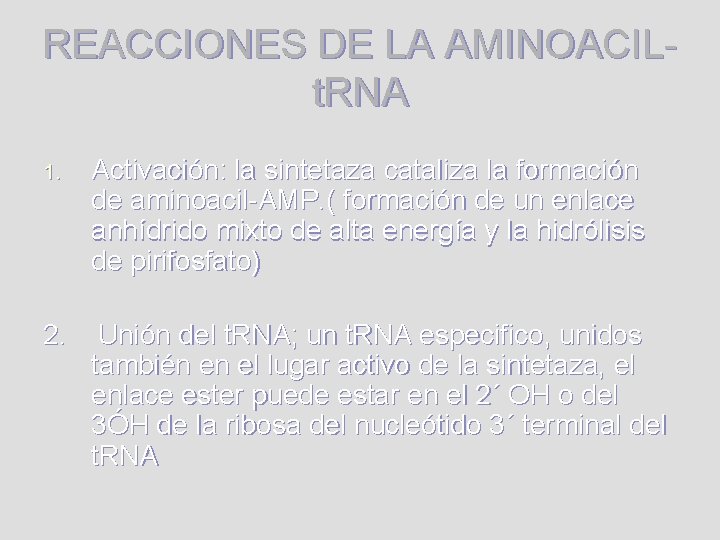 REACCIONES DE LA AMINOACILt. RNA 1. Activación: la sintetaza cataliza la formación de aminoacil-AMP.