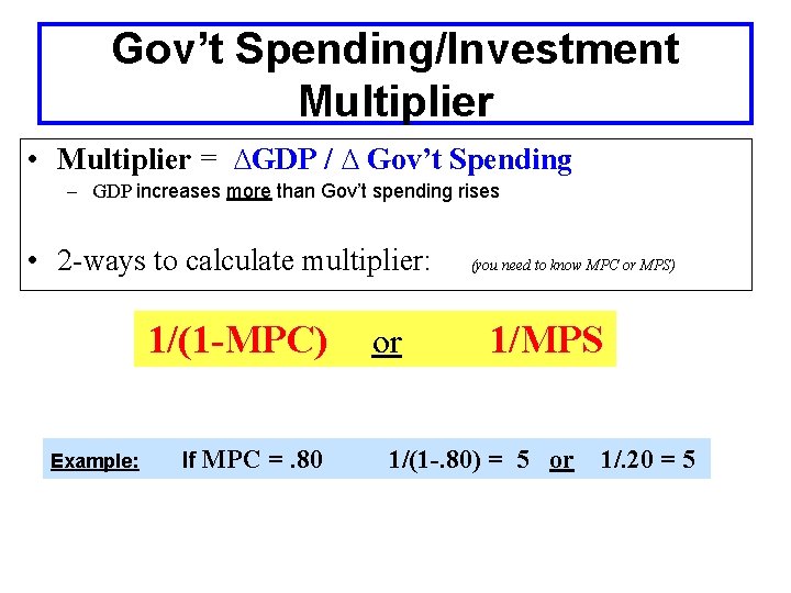 Gov’t Spending/Investment Multiplier • Multiplier = ∆GDP / ∆ Gov’t Spending – GDP increases