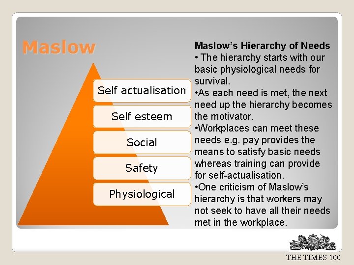 Maslow’s Hierarchy of Needs • The hierarchy starts with our basic physiological needs for