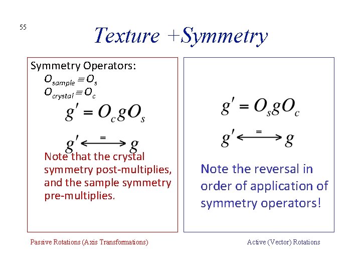 55 Texture +Symmetry Operators: Osample Os Ocrystal Oc Note that the crystal symmetry post-multiplies,