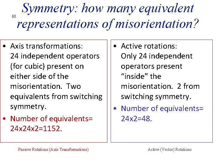 60 Symmetry: how many equivalent representations of misorientation? • Axis transformations: 24 independent operators